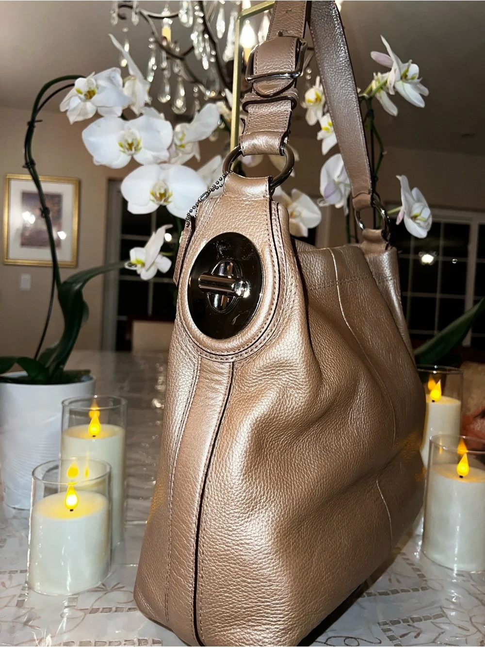 Coach Penelope Pebbled Leather Hobo Shoulder Bag | Metallic Bronze Leather | Lar